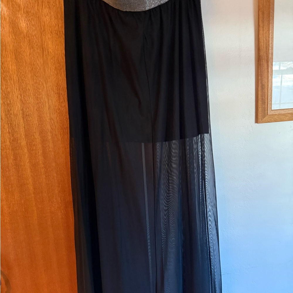 H&M Black High-Low Sheer Maxi Skirt with Mesh Overlay